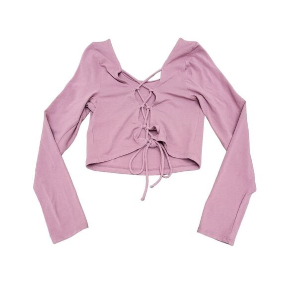 Aeropostale Lace Up Crop Top Tie Back Long Sleeve Pink Size L Spandex & Cotton - Picture 3 of 8